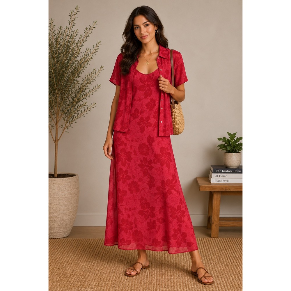 Robbie Bee Silk Floral 2 Piece Dress & Shirt Set Womens 14 Red Tropical Romantic